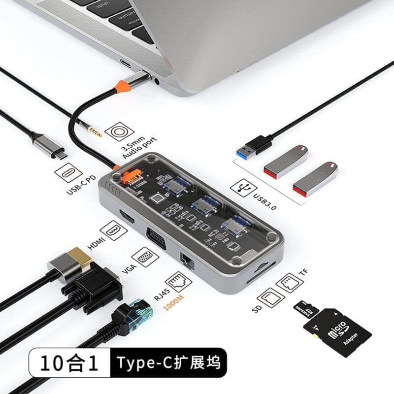 K10V-PRO 10 in 1 2023 New Design Transparent Punk Style USB-C HUB